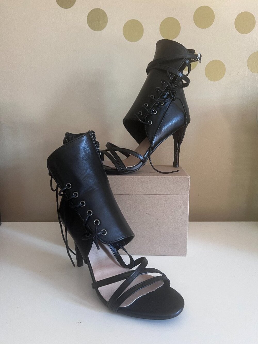 Fierce Strappy Black Leather Look Lace-Up Stilettos - 8.5
